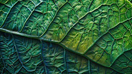 Detailed view of leaf surface, veins weaving a mesmerizing pattern, vibrant green tones