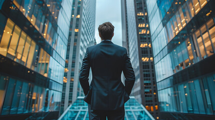 Fototapeta premium a businessman standing with his back to the camera, gazing out over a sprawling city skyline