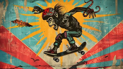 Obraz premium Punk Rock Monkey Skateboarding in Urban Surreal Skatepark Landscape