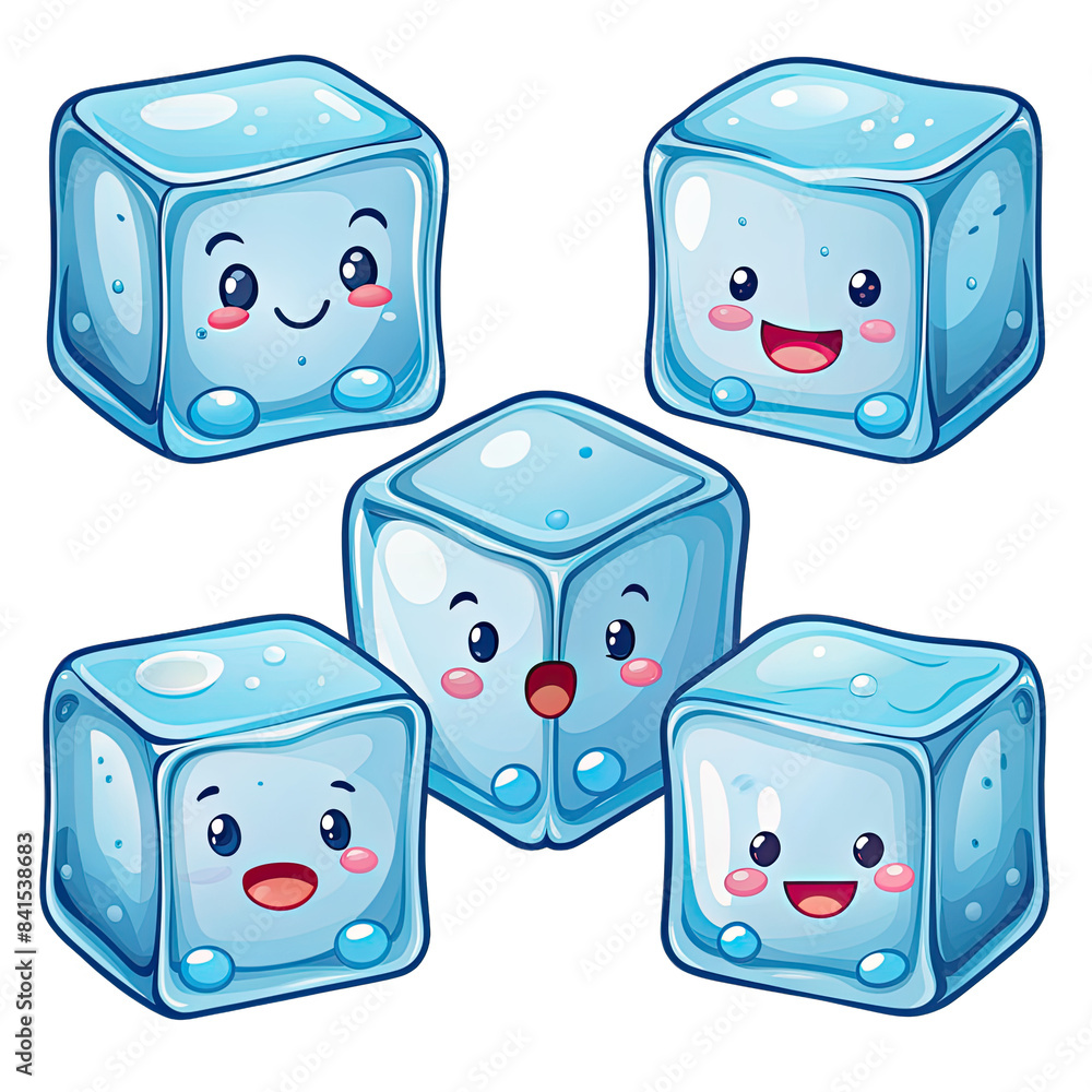 Aufkleber a set of five cartoon ice cubes with smiling faces, isolated on a white background. each ice cube ha