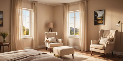 Fototapeta premium A calming beige bedroom with a peaceful landscape painting and a comfortable reading chair.