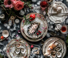 Fototapeta premium Luxurious Seafood Dinner Party Setup Generative AI