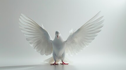 Fototapeta premium Elegant white dove spreading its wings against a clear white backdrop, symbol of freedom