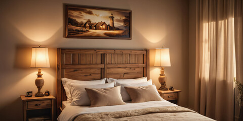 A rustic beige bedroom with a wooden headboard and a vintage-inspired lamp.