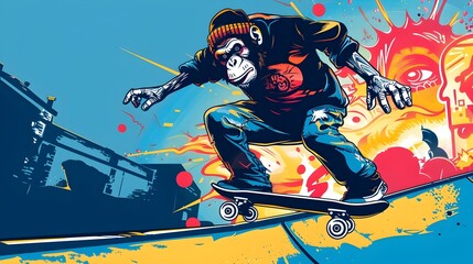Punk Rock Monkey Skateboarding in Vibrant Outdoor Skate Park Landscape