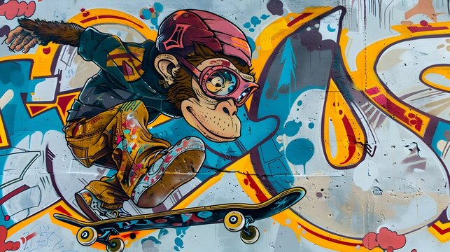 Punk Rock Monkey Skater in Vibrant Street Art Landscape