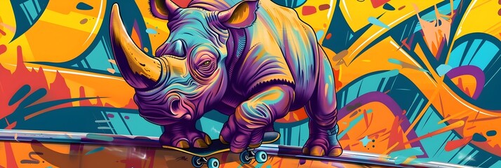 Punk Rock Rhinoceros Skateboards Through Vibrant Graffiti Covered Urban Landscape