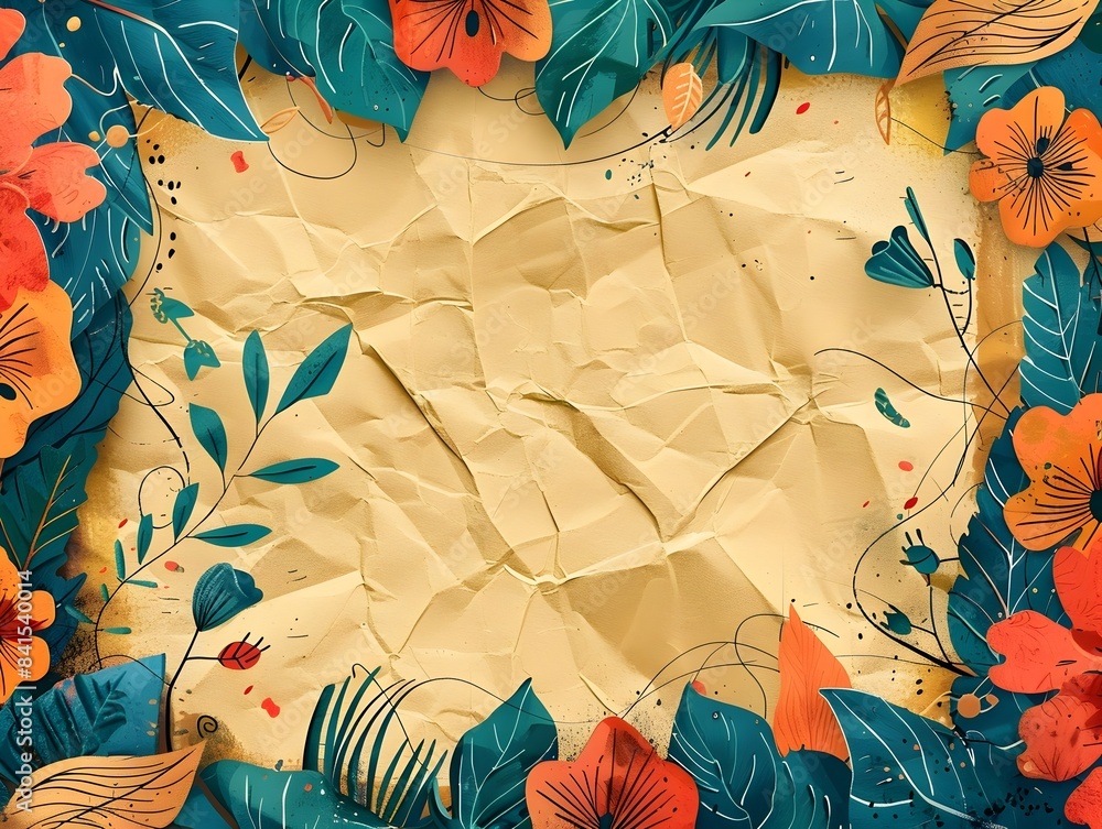 Poster Whimsical Doodle Frame on Kraft Paper Background with Playful Floral Patterns and Copy Space
