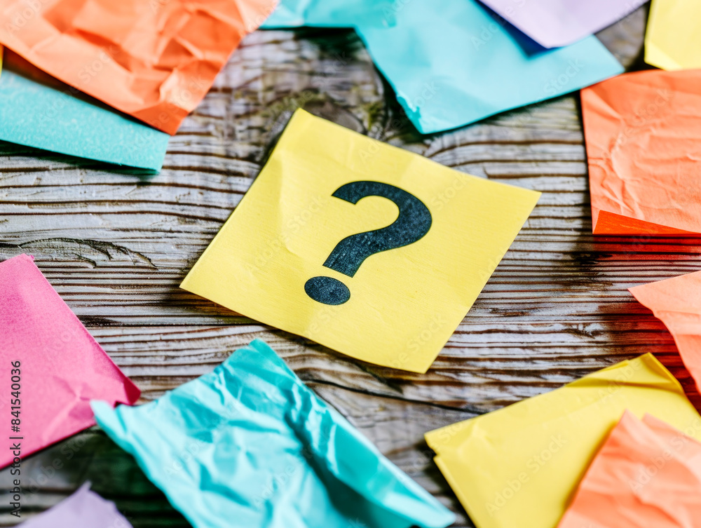 Poster colorful paper notes with a question mark on one, scattered on a wooden background, concept of decis