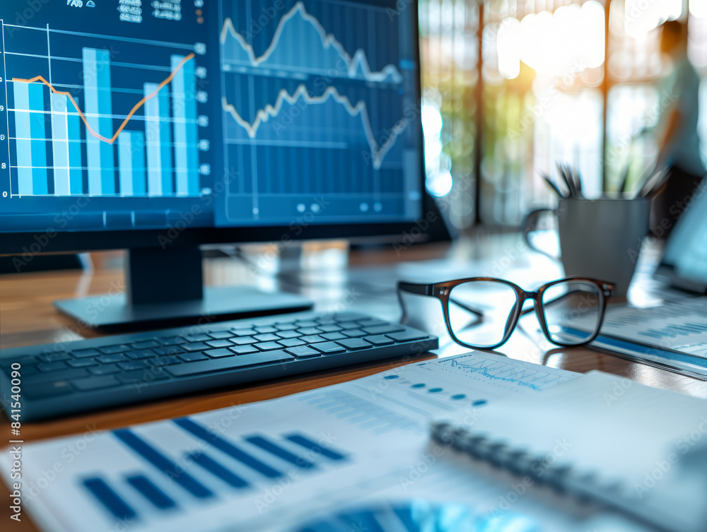 Poster office desk with financial charts on a computer monitor, glasses, and printed data, with a blurred o