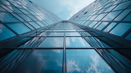 Obraz premium Create an image of a modern skyscraper with sleek glass windows reflecting the city skyline, showcasing contemporary architecture and urban development.