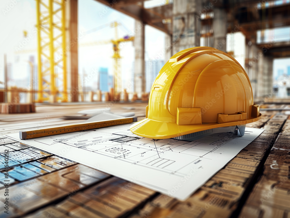 Poster yellow hardhat and blueprints on a wooden surface at a construction site, concept of engineering and