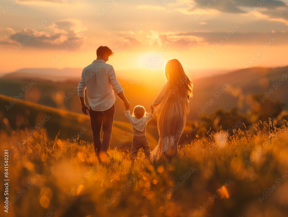 Poster a family walking hand-in-hand during sunset in a meadow, with a warm, glowing light and a concept of