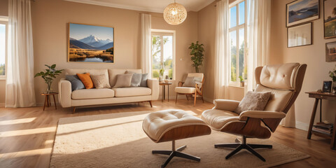 A calming beige living room with a peaceful landscape painting and a comfortable reading chair.