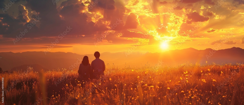 Wall mural silhouetted against a vibrant sunset, a couple kneels in a vast field, their hands clasped in prayer