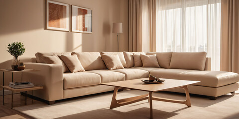 A modern beige living room with a sleek, low-profile sofa and a minimalist coffee table.