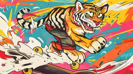 Punk Rock Tiger Skateboarding in Vibrant Outdoor Skate Park Landscape
