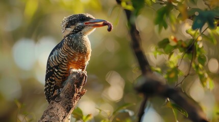 Feathered friend feasting on a worm atop a tree, nature's dining scene in the wild