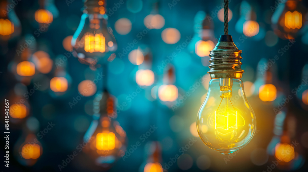 Poster an illuminated light bulb stands out against a bokeh of blurred lights on a blue background, symboli