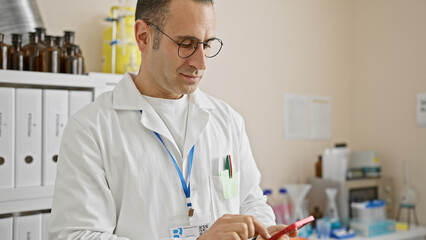 Fototapeta premium Mature man in lab coat using smartphone in laboratory setting, evoking healthcare and technology themes.