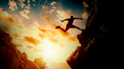 Silhouette of a person jumping between cliffs at sunset, with a dramatic sky background, concept of adventure and challenge. Generative AI