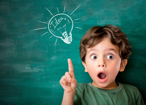 A surprised young boy with an idea lightbulb drawing above his head, on a chalkboard background, conveying creativity. Generative AI