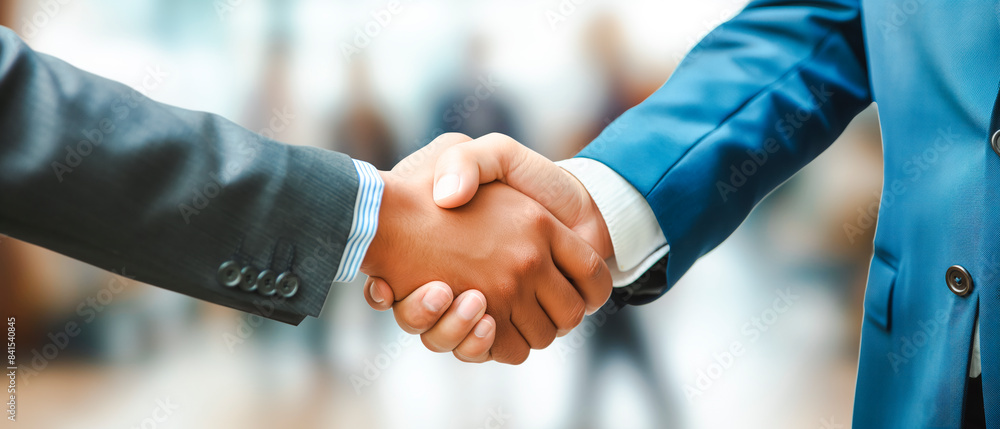 Poster close-up of a handshake between two professionals in formal attire on a blurred background, embodyin