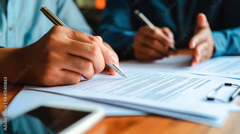 Poster Close-up of people's hands signing documents on a table, in a professional setting with a blurred background, representing the concept of agreement. Generative AI