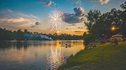 A serene riverside setting with families picnicking children playing