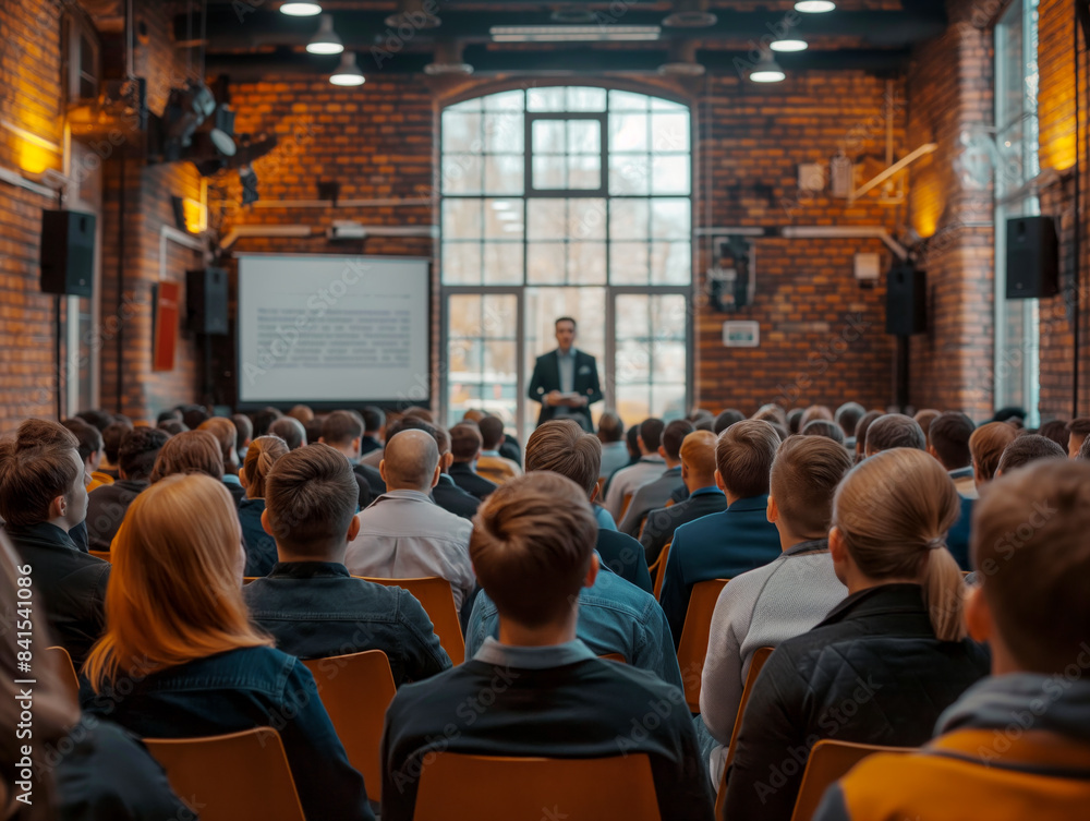 Poster a speaker presenting to an audience in a room with brick walls and large windows, concept of educati