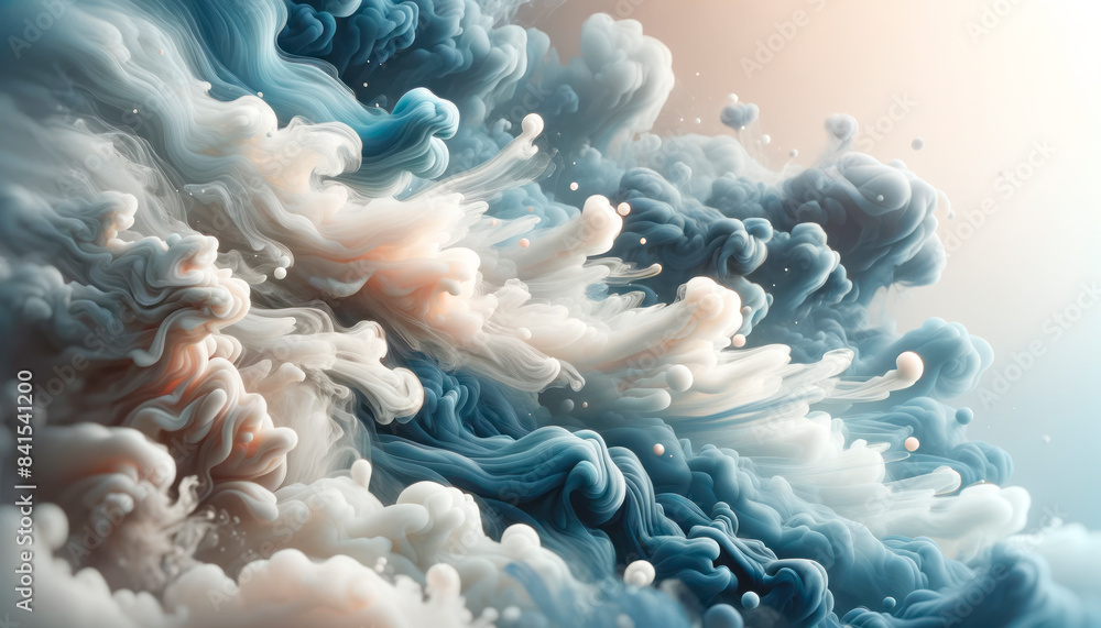 Poster Fluid art composition with swirling blue and white patterns, digital artwork, on an abstract gradient background, concept of flow and creativity. Generative AI
