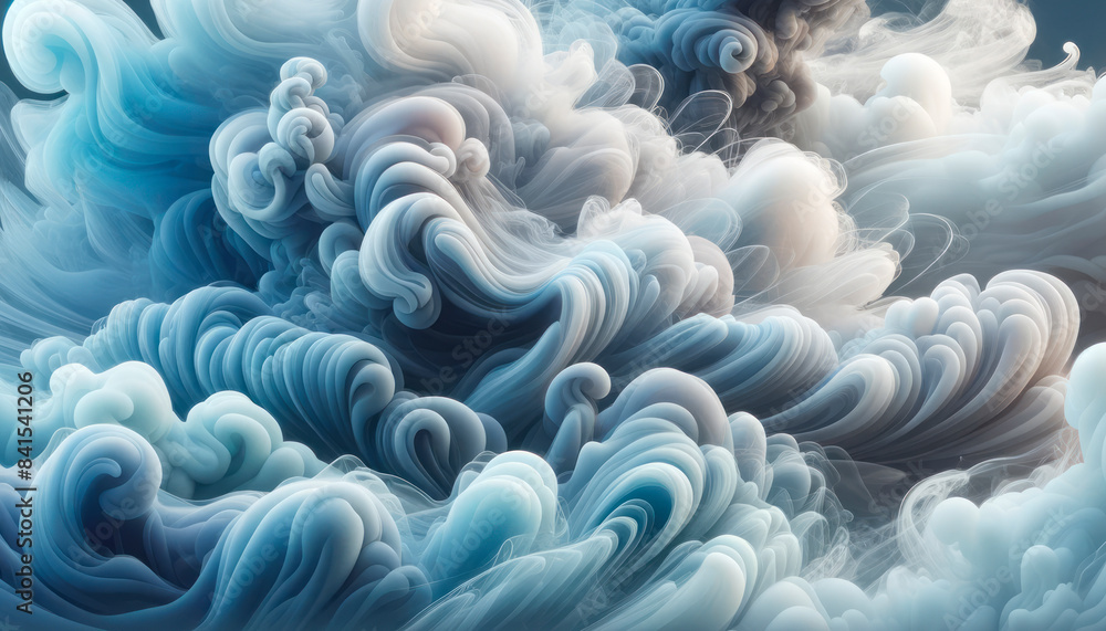 Poster swirling abstract clouds in blue and white tones on a smooth background, embodying fluidity. generat