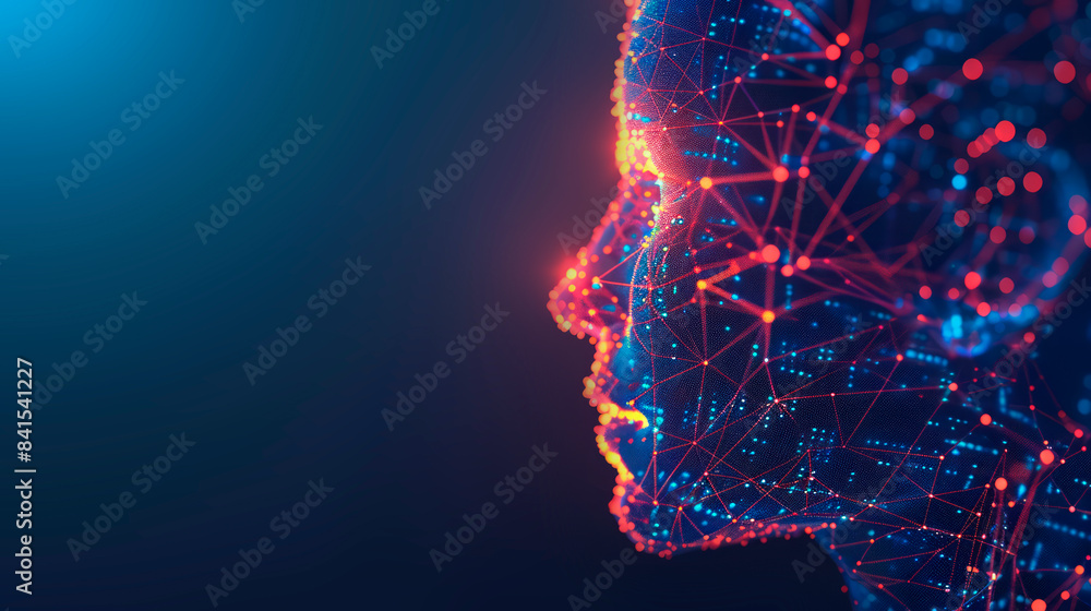 Poster digital profile side view of a human head with network connections, on a dark blue background, conce