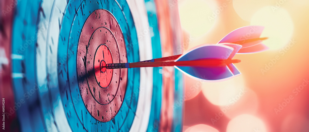 Poster a dart hitting the bullseye on a colorful dartboard, bokeh background, concept of success. generativ