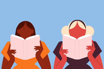 Two woman, black and brown, Latina women reading books, standing next to each other. Avid readers following the plot of the novel. Colorful, concept illustration on reading, expanding horizons.
