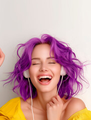 Naklejka premium Joyful woman with purple hair wearing headphones, laughing on a plain white background, concept of happiness and music. Generative AI