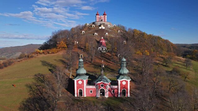 Flying around of The Calvary of Banska Stiavnica, Slovakia, a complex of churches and chapels on Scharfenberg Hill.