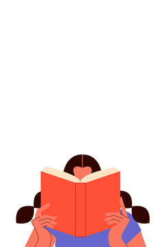 Avid reader, young woman, girl with braids studying a red book. Feminism, gender studies, education. White background, vertical layout, colorful vector illustration
