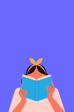 White woman reading a book. Learning, gaining knowledge, progressing and expanding horizons. Avid reader, book lover, self-directed learner. Vertical layout
