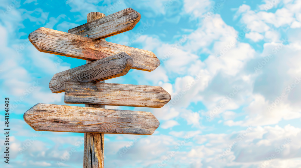 Poster wooden signposts against a cloudy sky background, symbolizing direction choice and decision-making. 