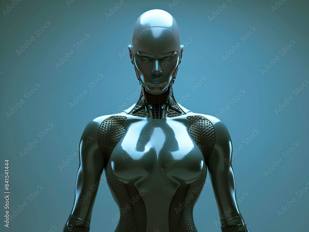Poster female android torso on a blue background, showcasing technology and artificial intelligence concept