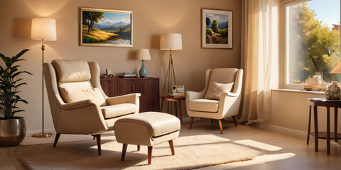 A calming beige living room with a peaceful landscape painting and a comfortable reading chair.