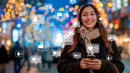 Woman with a smartphone surrounded by social media notification icons on a bokeh lights background, concept of online presence. Generative AI - Powered by Adobe