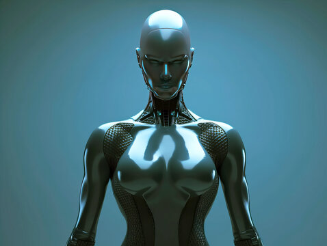 Female android torso on a blue background, showcasing technology and artificial intelligence concept. Generative AI