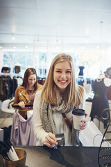 Customer, happy woman and portrait with credit card, shopping checkout and contactless. Counter,...