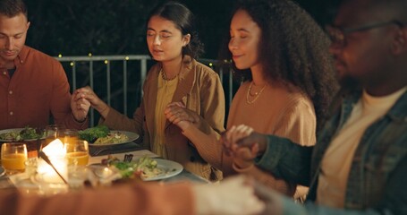 Friends, holding hands and prayer, food and worship together, gratitude and thanks to God at dinner...