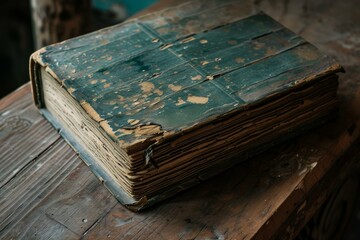 Antique book with worn cover rests on a rustic wood surface, embodying historical elegance