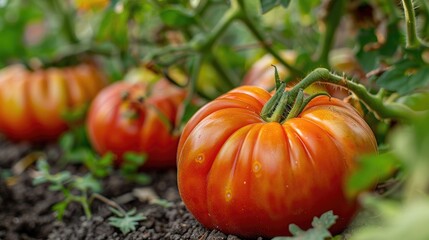 Beefsteak tomatoes of a red hue flourishing in the garden during the summer season