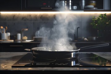 transparent modern kitchen frying pan filled with food cooking, emitting steam into the air. cooking at home. steam from the pan. fire safety. adding alcohol to a recipe