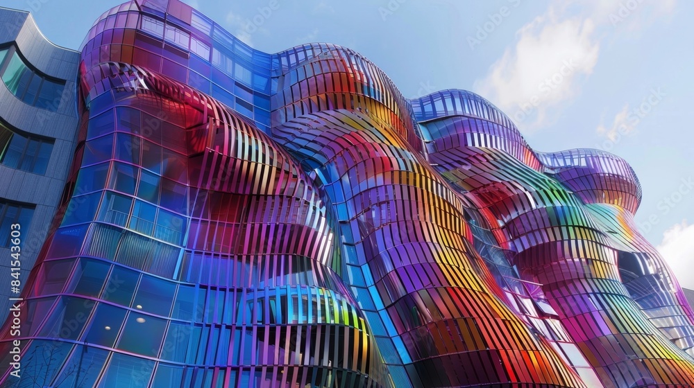 Poster a hotel with a unique facade design influenced by data on wind patterns and noise pollution in the s
